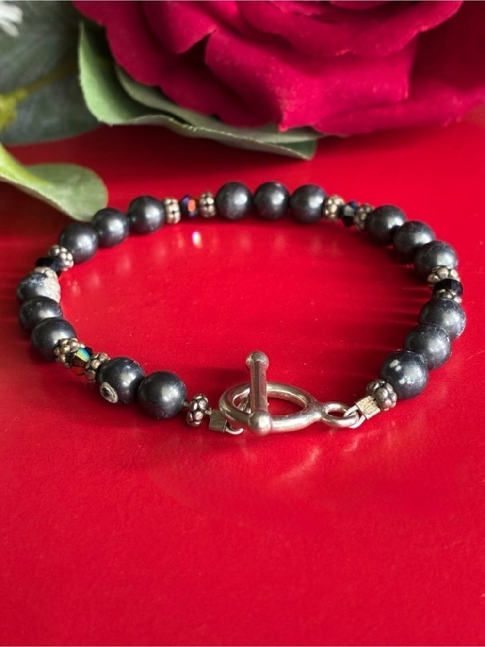 925 Silver Bracelet,Dark Hematite Beaded Toggle Bracelet 6.5”